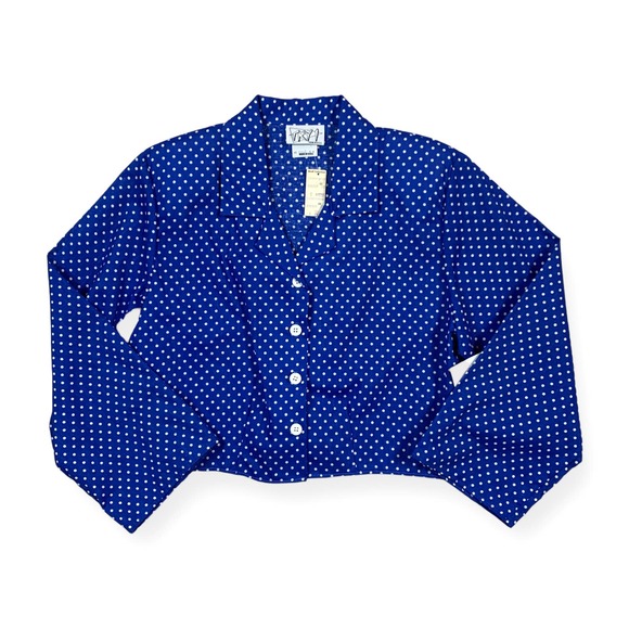 NWT Vintage Try 1 Cropped Blue White Polka-Dot Button Down Blouse Top- Medium - Picture 1 of 9